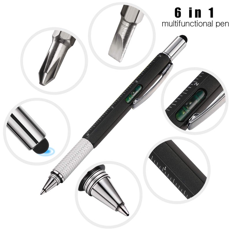 Zhanmai 4 Pcs Gift Pen for Men 6 in 1 Multitool Pen with Ruler Level Refills Screwdriver Stylus Cool Gadgets Tool for Dad Friend Husband Birthday Anniversary Christmas Graduation Gift(Black) - Image 3